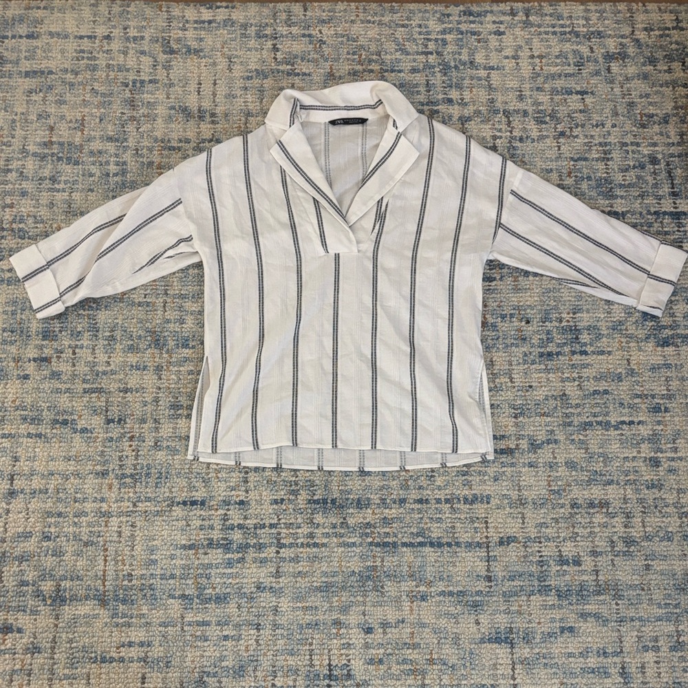 Zara White and Black Striped Blouse